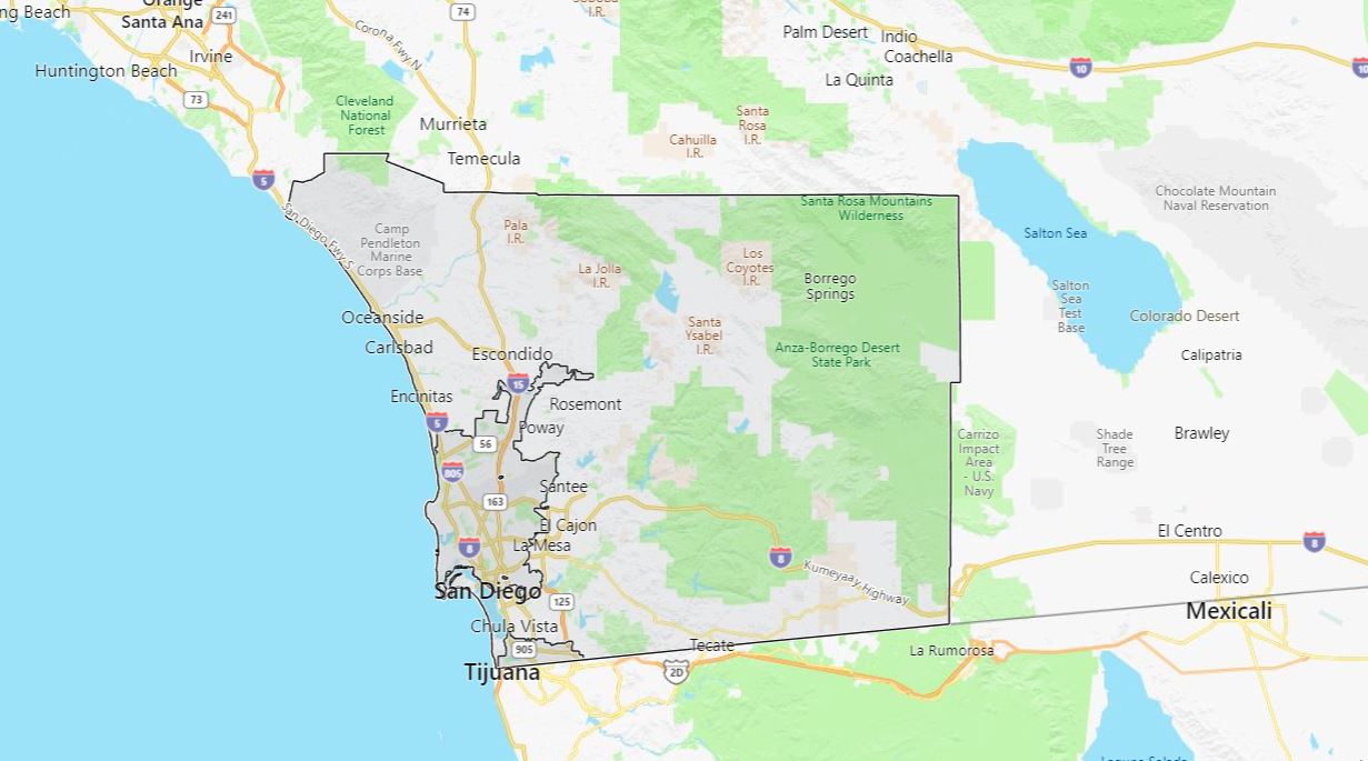 Screenshot map of San Diego city and San Diego county